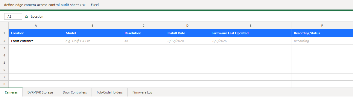 Preview of the Camera & Access Control Audit Sheet, showing the Cameras sheet columns