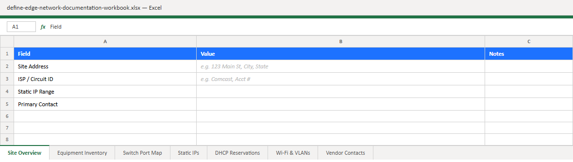 Preview of the Network Documentation Workbook, showing the Site Overview sheet fields