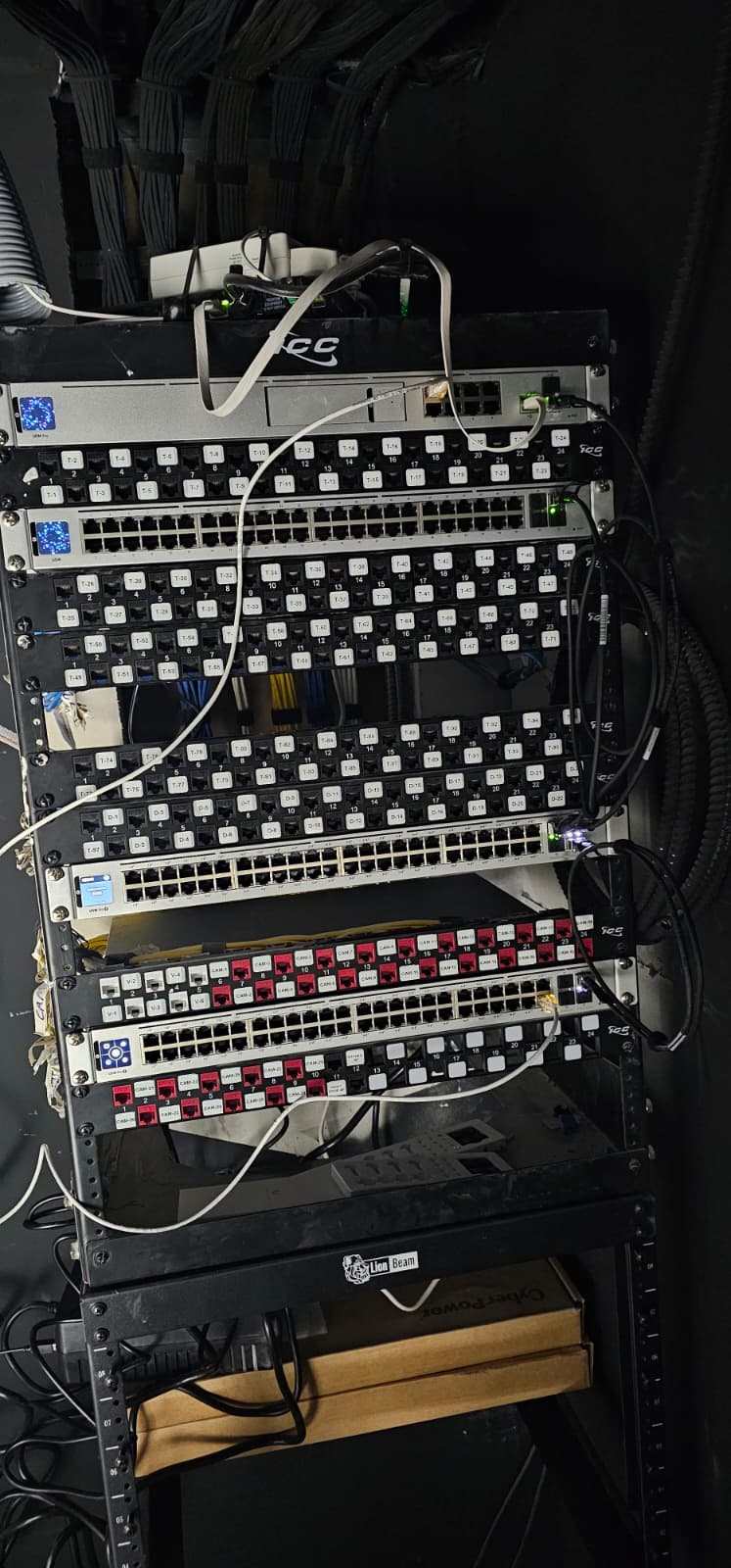 Rack with labeled, color-coded patch panels terminated and switches installed