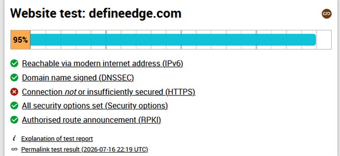 internet.nl scan of defineedge.com showing a 95% score, July 16 2026