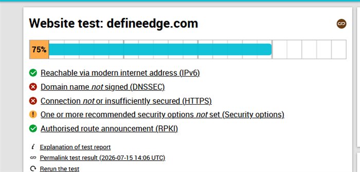 internet.nl scan of defineedge.com showing a 75% score, July 15 2026