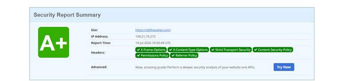 securityheaders.com scan of defineedge.com showing an A+ grade, July 14 2026