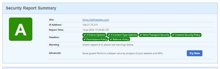 securityheaders.com scan of defineedge.com showing a capped A grade, July 14 2026